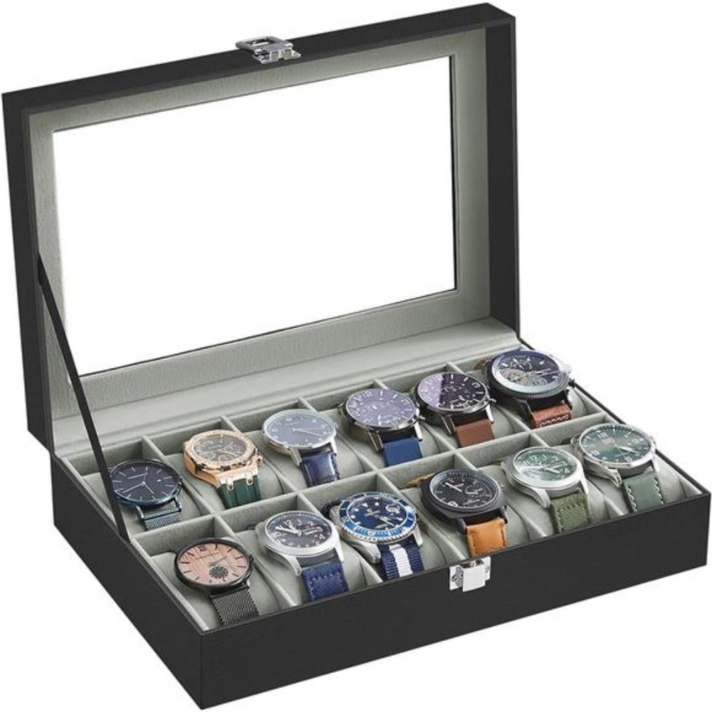 12-Slot Watch Case with Large Glass Lid, Removable Watch Pillows